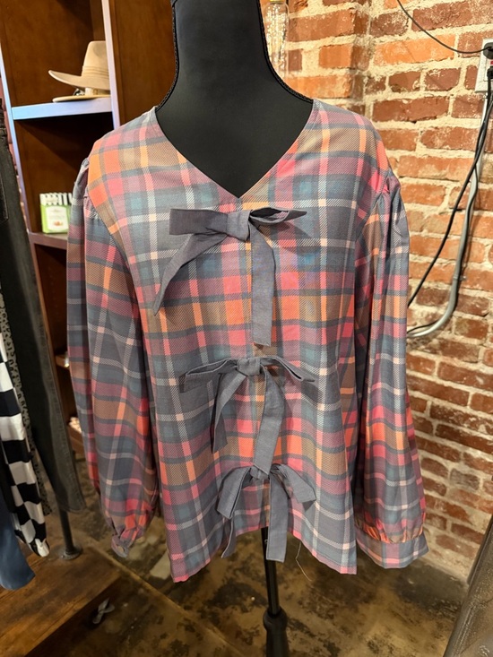 Jess Lea Tops - Plaid Tie-Front Women's Top in Pink and Gray